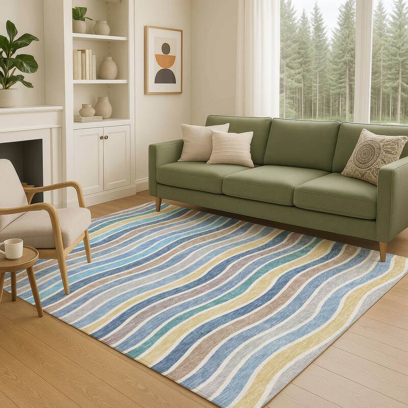 Machine Washable Indoor/ Outdoor Contemporary Stripe Chantille Rug
