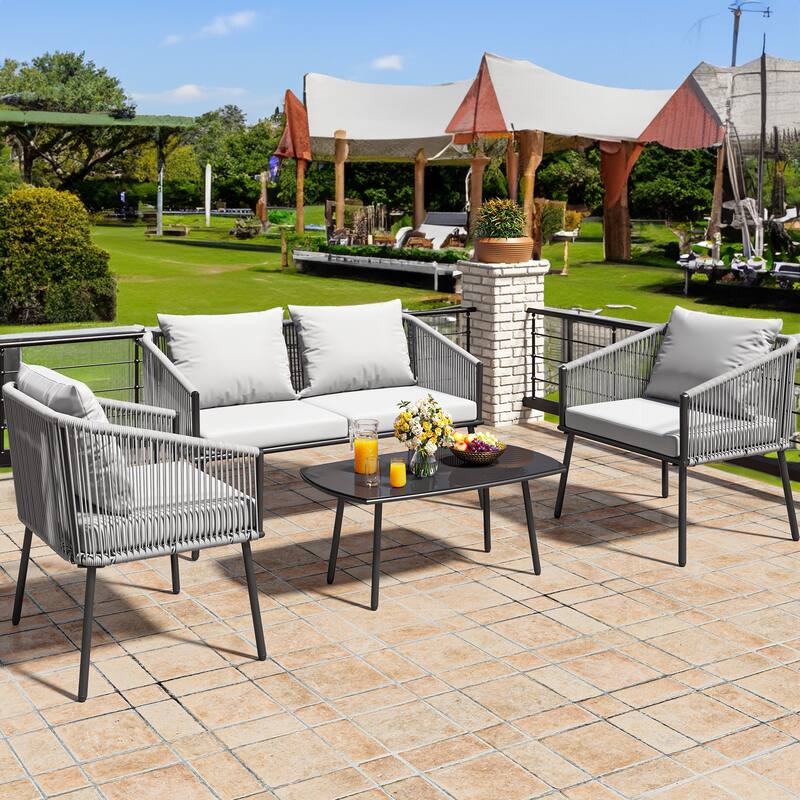 4-Piece Patio Furniture Wicker Outdoor Bistro Set All Weather Double White Side Rattan Conversation Loveseat