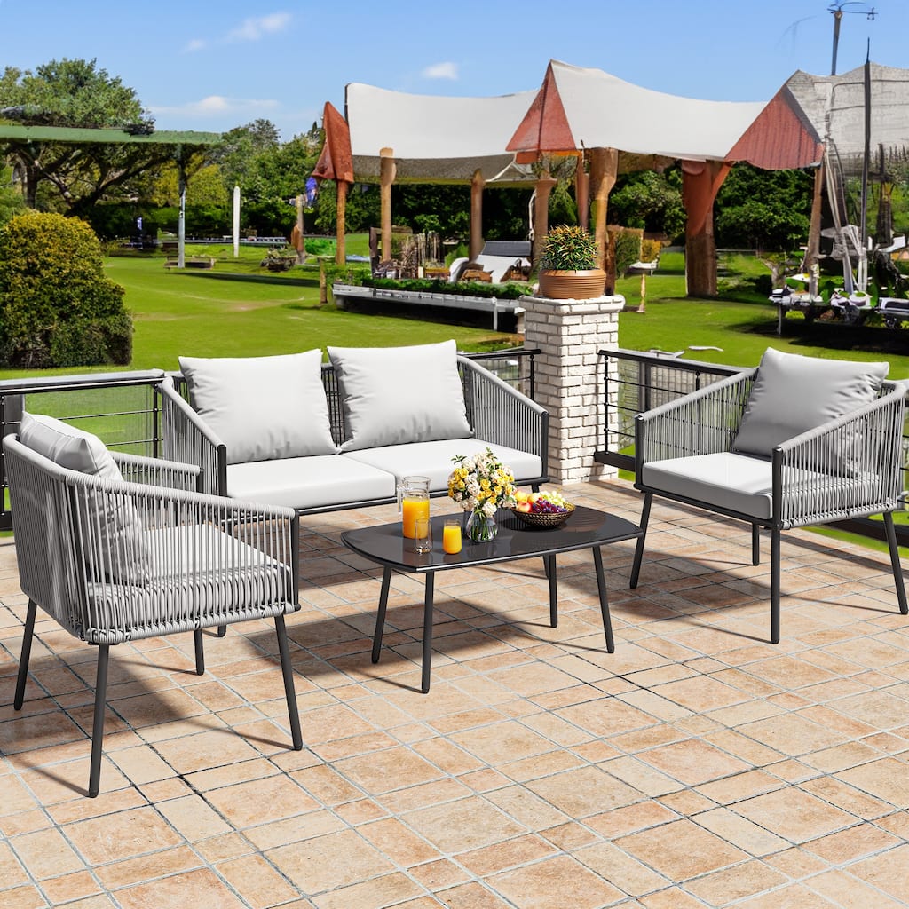 4-Piece Patio Furniture Wicker Outdoor Bistro Set All Weather Double White Side Rattan Conversation Loveseat