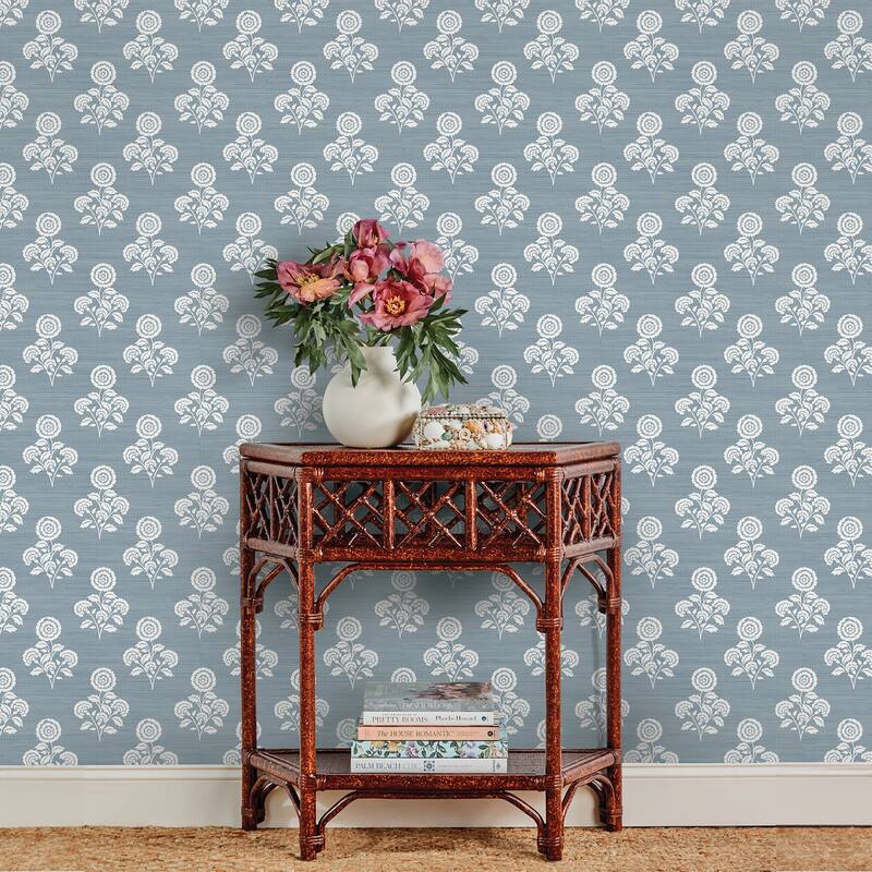 Society Social Flourish Block Print Mineral Blue Faux Grasscloth Peel and Stick Wallpaper