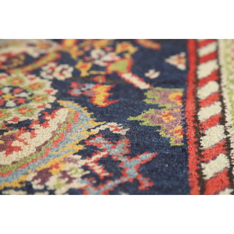 Hand Knotted Oriental 100% Wool Carpet Traditional Floral Navy Blue & Blues Malayer Runner Rug - 12' 8'' X 3' 3''