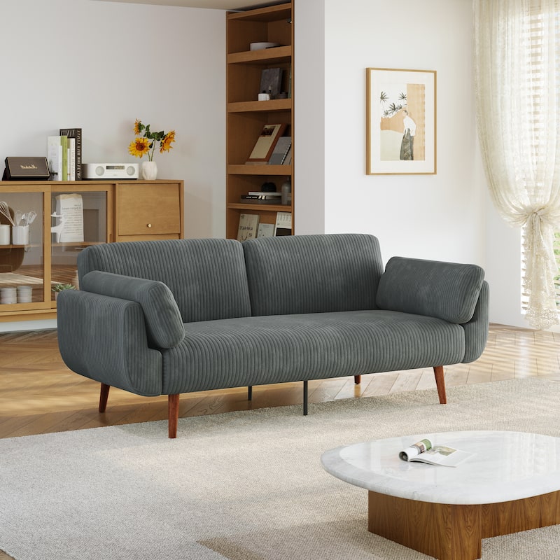 73" W Upholstered Corduroy Convertible Sleeper Sofa Bed with Pillows
