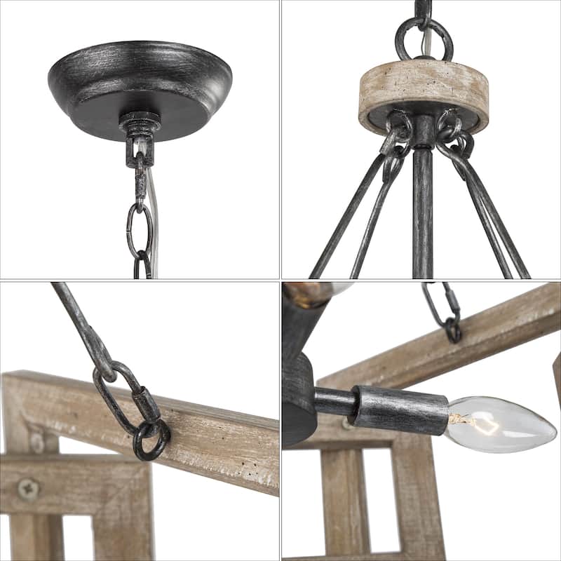 Kiria Farmhouse Wood Drum Chandelier 4-light Geometrical Foyer Ceiling Lights for Dining Room - L20" xW20 "xH22.4"