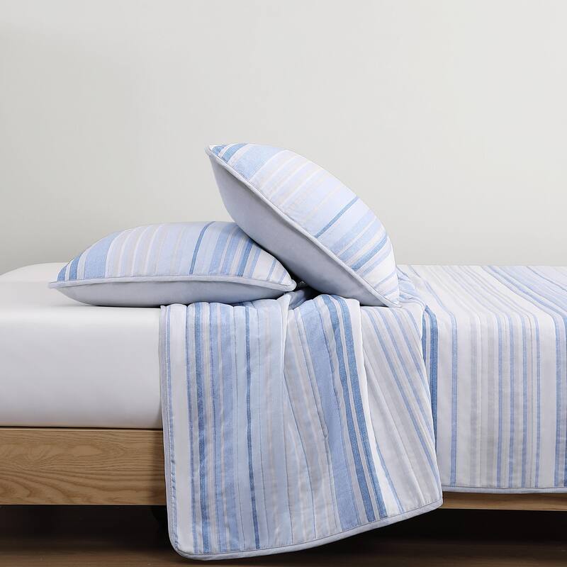 Tommy Hilfiger Bold Stripe Textured Cotton Reversible Blue Quilt Set