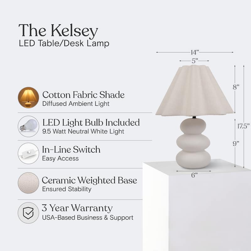 Brightech Kelsey 17.7 in. Speckled Beige Bohemian LED Rounded Bedside Desk Table Lamp with Beige Linen Empire Shade