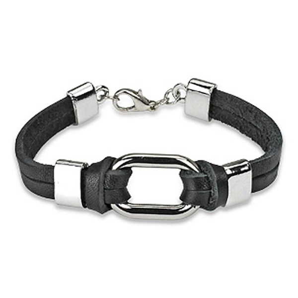 Shop Steel Link and Double Leather Strap Bracelet (8 mm) - 8 in - Free ...