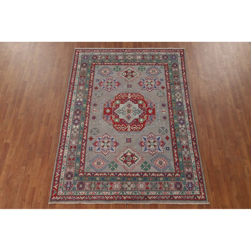 Geometric Kazak Area Rug Handmade Oriental Grey Wool Carpet - 5'6" x 7'9"