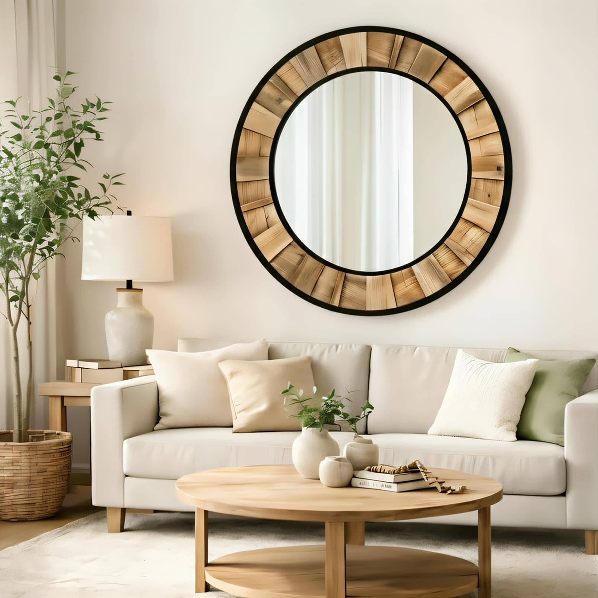 Round wooden and metal framed decorative mirror, in a modern art style, suitable for living rooms and entryways
