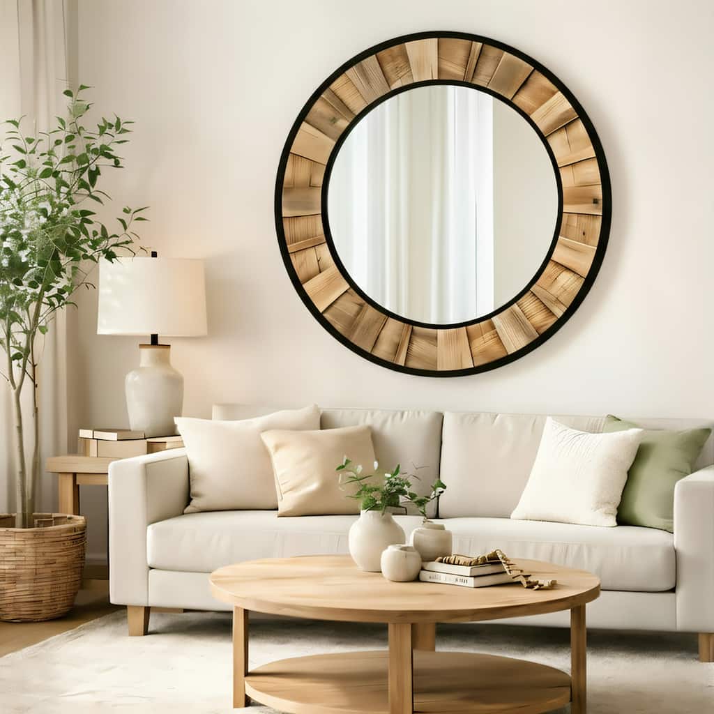 Round wooden and metal framed decorative mirror, in a modern art style, suitable for living rooms and entryways