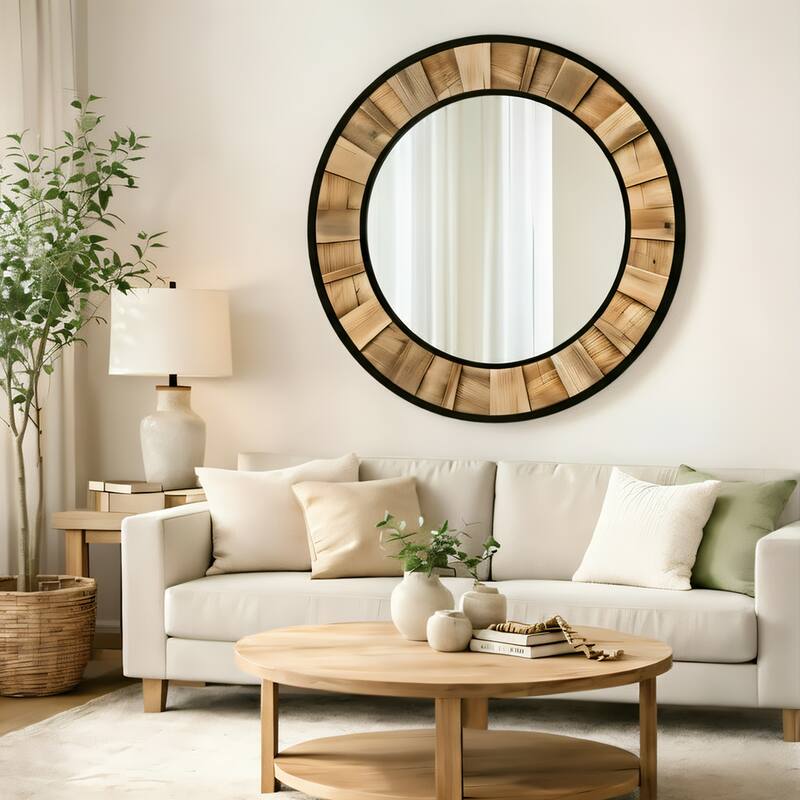 Rectangular wall-mounted mirror with a wood and metal frame, suitable for decorating living rooms and entryways - Natural