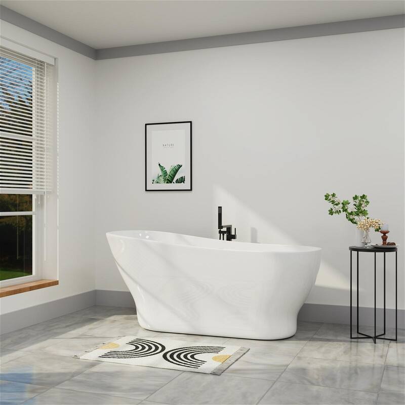 Mokleba 59"Lx28''W Freestanding Pedestal Slipper Soaking Acrylic Bathtub with Chrome Drain and Overflow