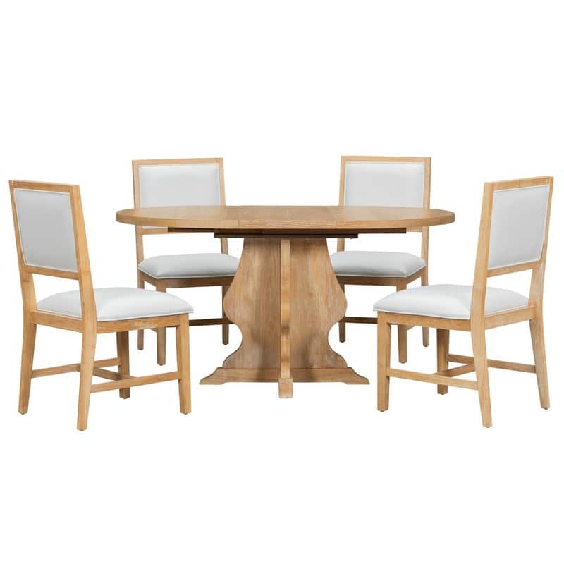 Farmhouse 5-Piece Dining Table Set with Upholstered Chairs and Extendable Dining Table for Dining Room, Kitchen and Living Room