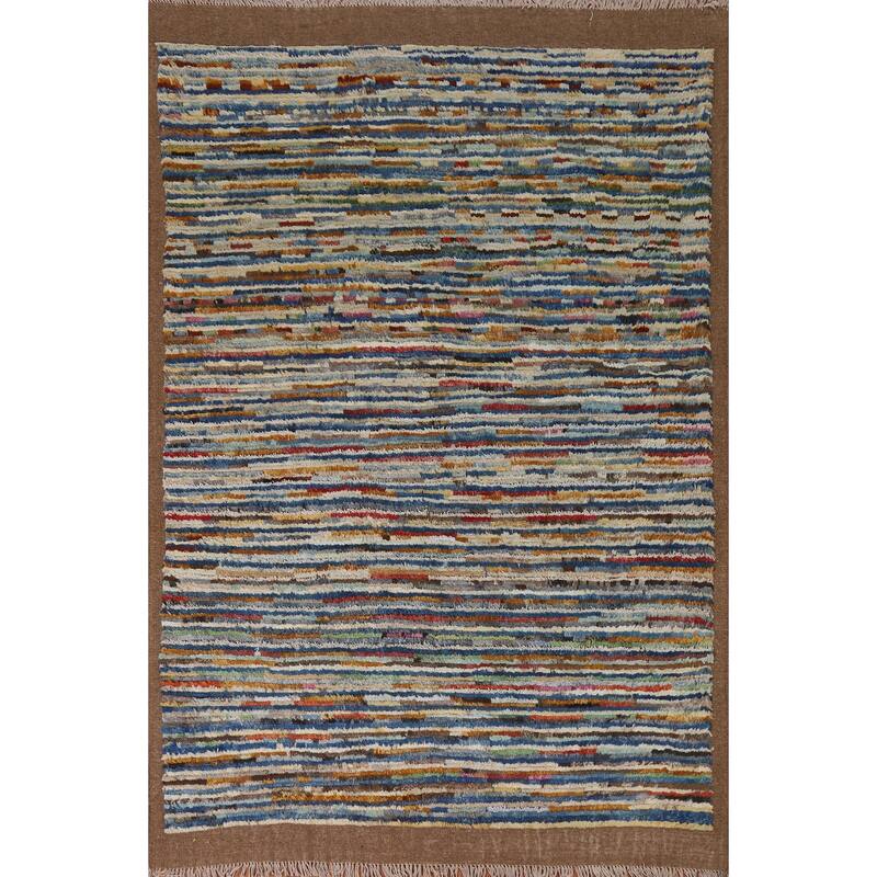 Hand Knotted Oriental 100% Wool Carpet Modern Stripe Multi-Colored Moroccan Area Rug - 7' 8'' X 5' 5''