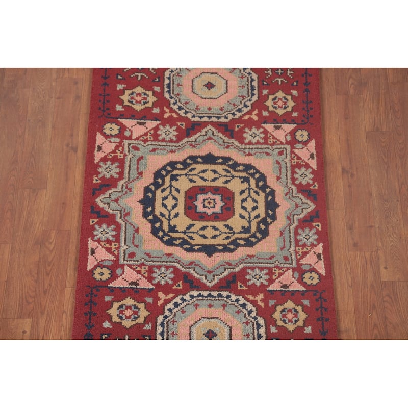 Geometric Red Kazak Oriental Runner Rug Handmade Wool Carpet - 2'5"x 8'1"