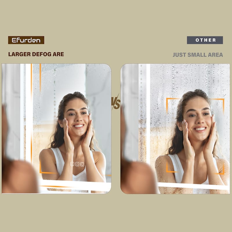 Silver Glass LED Vanity Mirror with Defog, Dimmable Lights and Memory - 36" W x 28" H