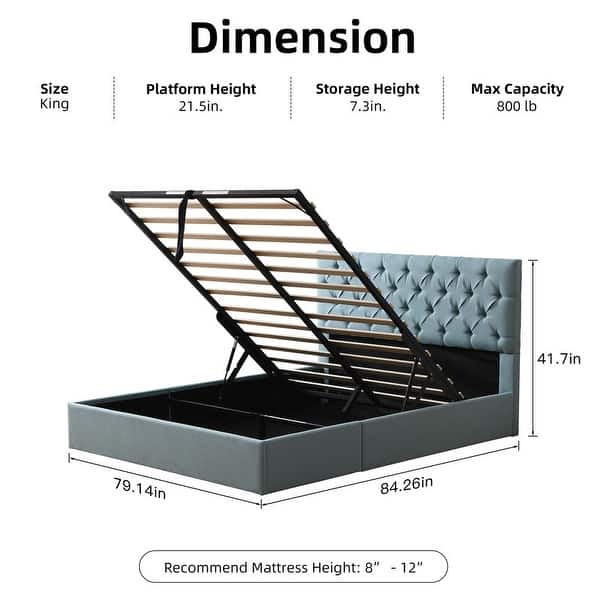 dimension image slide 7 of 9, Plywood Frame Upholstered Platform Bed with Lift-up Storage