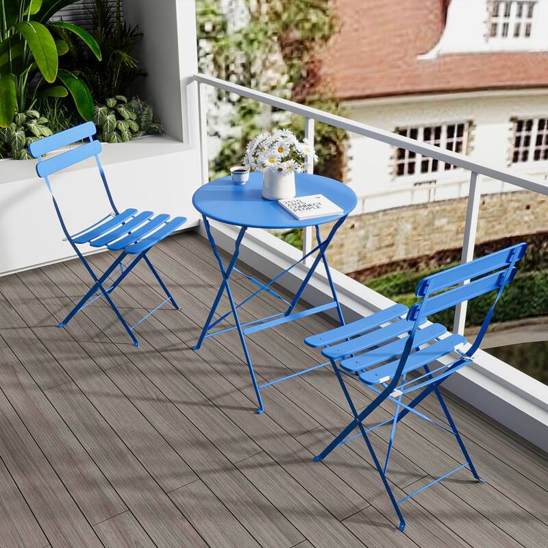 3 Pieces Patio Bistro Balcony Metal Chair Table Set - N/A - Blue