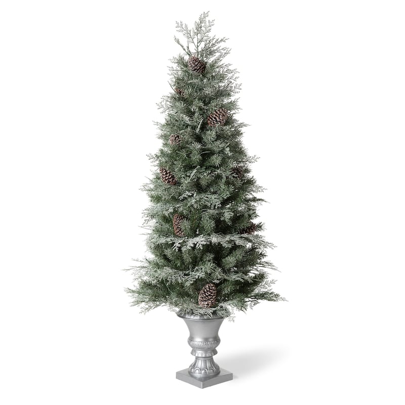 Glitzhome 5FT Pre-Lit Pine Artificial Christmas Potted Tree with 180 Warm White Lights and Pinecones for Xmas Porch Decor