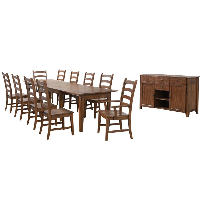 Extendable Dining Table Set for 12 - Rectangular Table with Sideboard - Amish Brown Finish