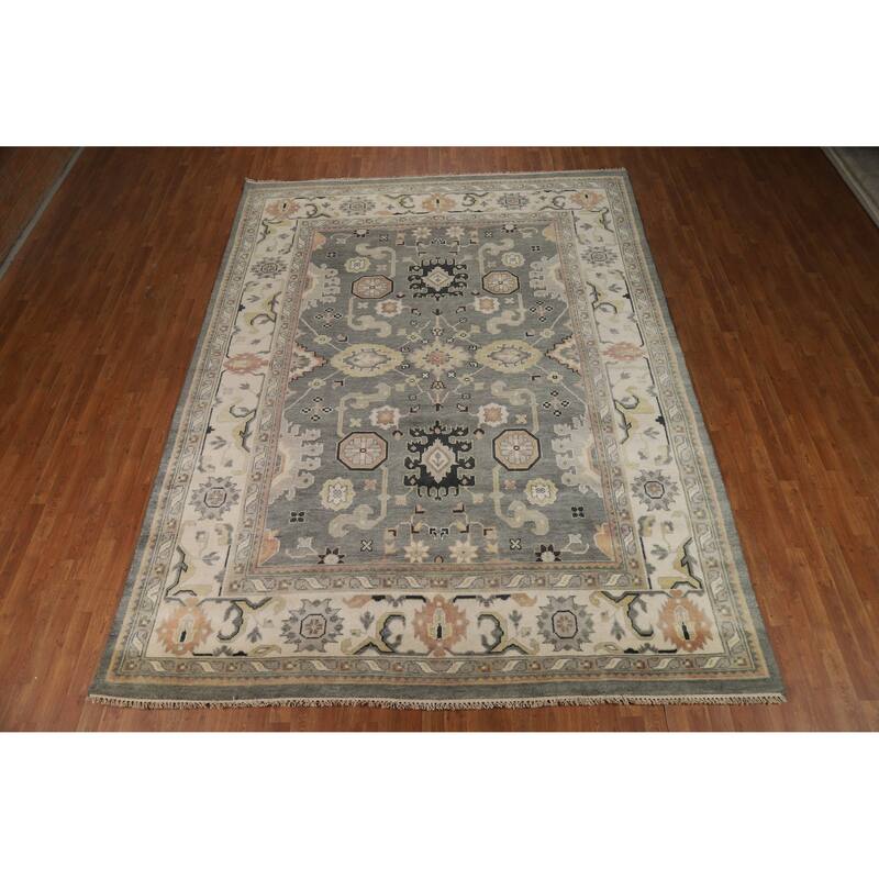 Gray Oushak Indian Area Rug Handmade Geometric Wool Carpet - 8'4" x 11'10"
