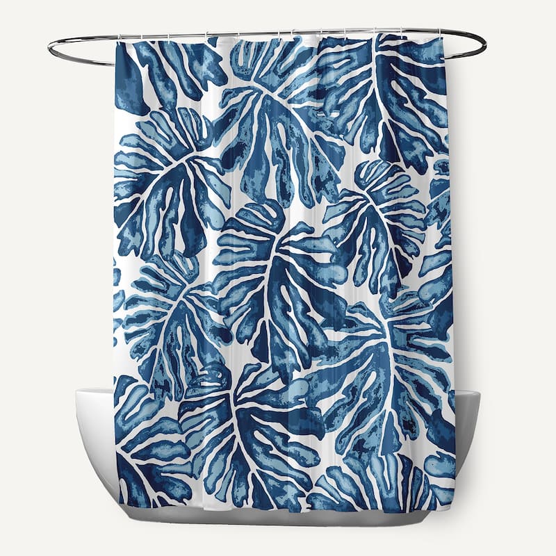 Palm Leaves, Floral Print Shower Curtain - Blue