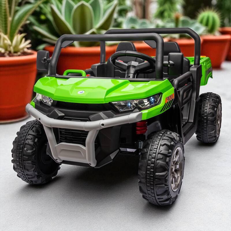24V Two-Seater Ride-On Dump Truck with Remote Control, 2x200W Motor, Dump Bed/Shovel, Bluetooth, MP3 for Kids 3-8 - Green
