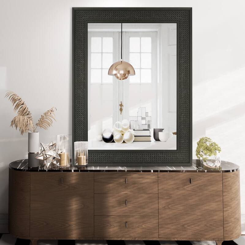 Faux Wooden Frame Rattan Farmhouse Style Rectangle Wall Mirror - 30"x40"Caning-B