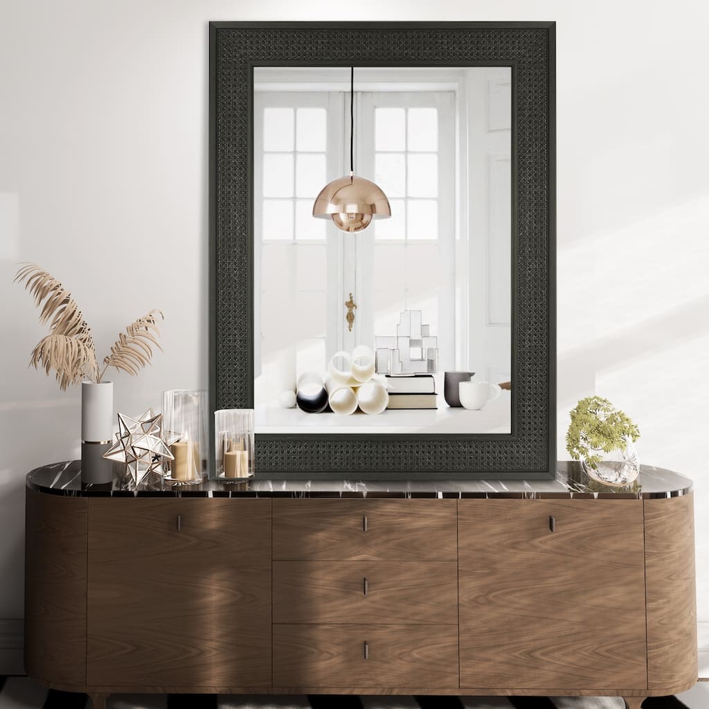 Faux Wooden Frame Rattan Farmhouse Style Rectangle Wall Mirror