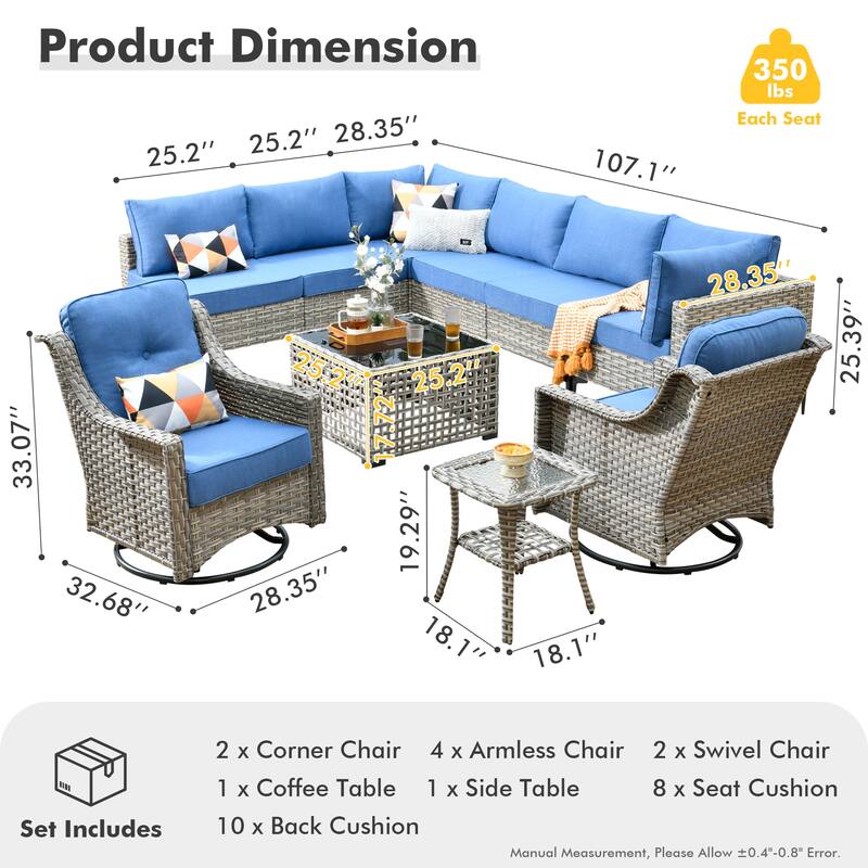 HOOOWOOO 10-piece Wicker Patio Furniture Set Sectional Sofa with Swivel Chair