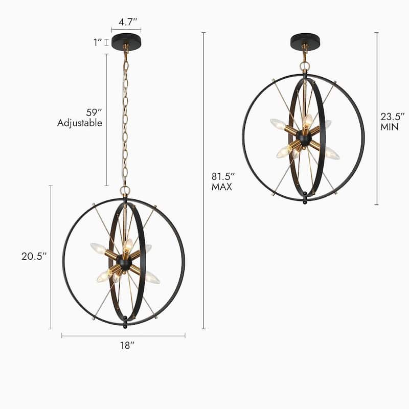 Modern 6-Light Black Gold Starburst Chandelier Orb Pendant Lights for Dining Room - 18" W x 20.5" H