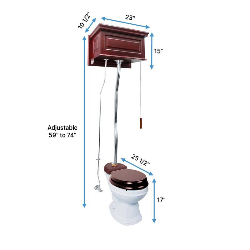 High Tank Toilet - Cherry Wooden Tank, Round White Bowl and Chrome Z Pipes Renovators Supply