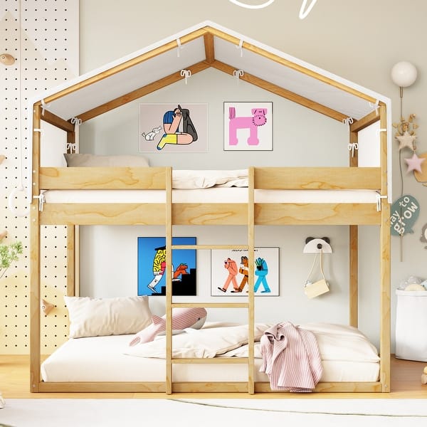 slide 2 of 26, Full of Childlike Charm Bunk Bed with Tent, Twin Over Twin Wood House Bed Twin - Natural