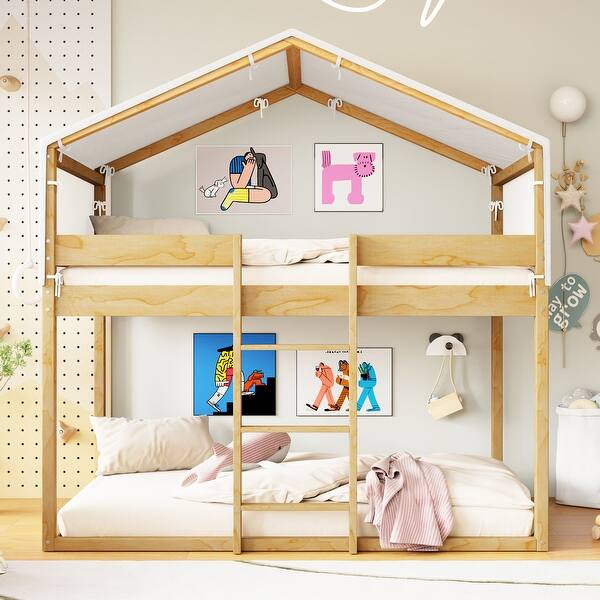 slide 2 of 26, Twin Over Twin Wood Floor Bunk Bed with Ladder and Tent, Space Saving Kids Playhouse Bunkbed with Guardrail for Student Dorms Natural - Twin