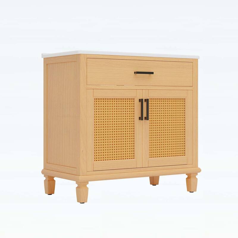 36 Inch Rattan Bathroom Vanity with Ceramic Sink,Modern Design with 2 Soft Close Doors and 3 Drawers