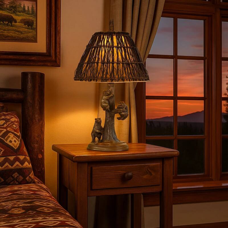 150 Watt Resin Body Table Lamp with Bear Design and Twig Shade, Bronze