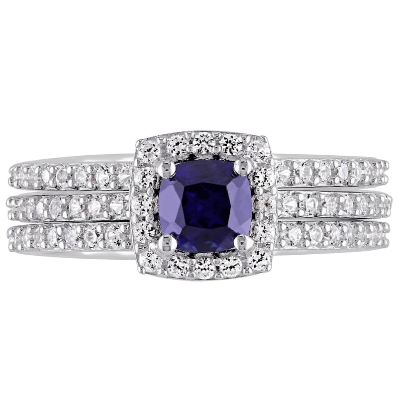 Miadora Sterling Silver Created Blue and White Sapphire Bridal Ring Set