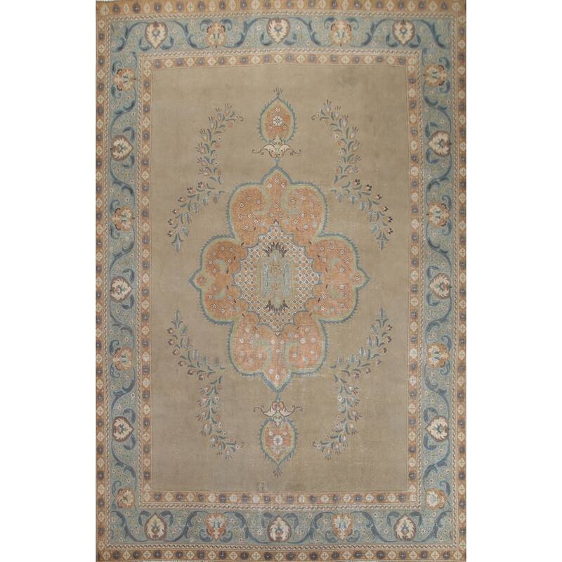 Hand Knotted Oriental 100% Wool Carpet Traditional Medallion Beige & Ivories Tabriz Area Rug - 12' 9'' X 9' 7''
