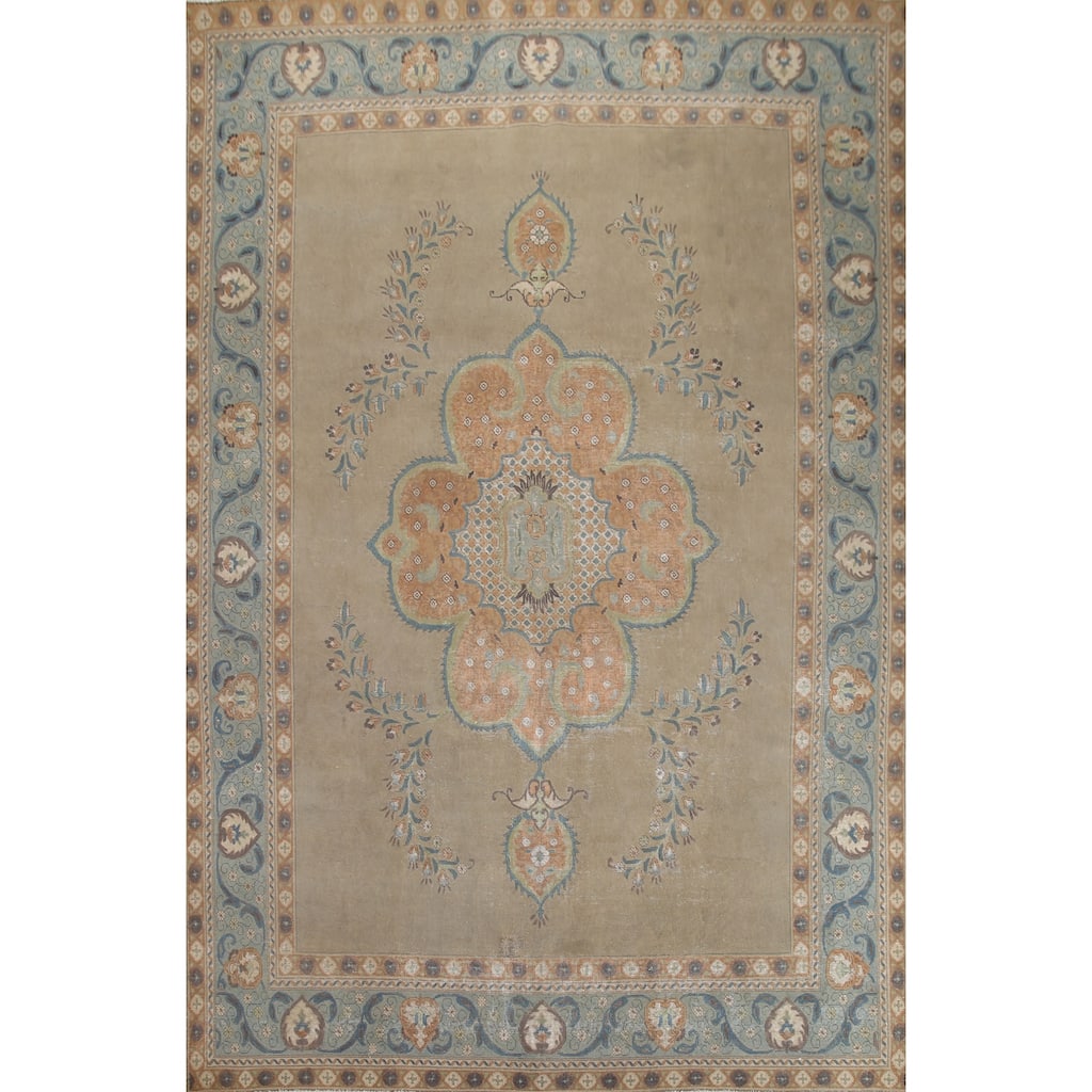 Hand Knotted Oriental 100% Wool Carpet Traditional Medallion Beige & Ivories Tabriz Area Rug - 12' 9'' X 9' 7''