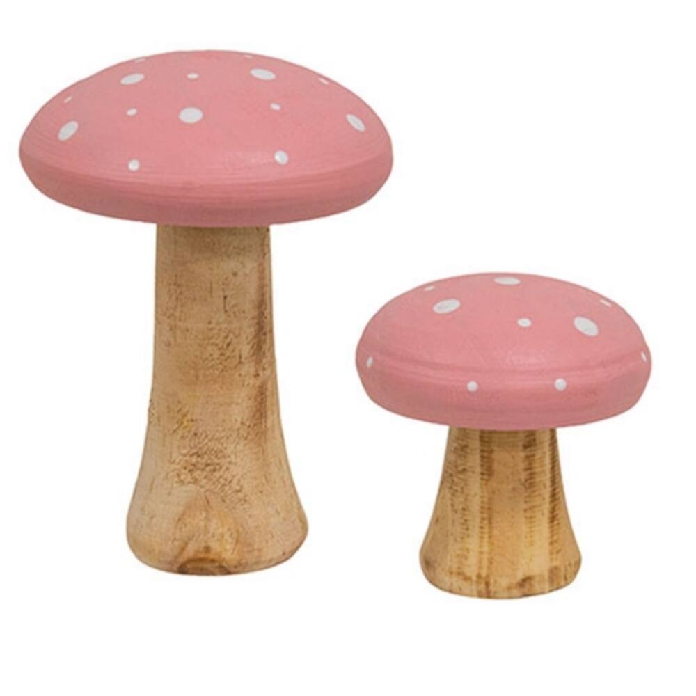 Wooden Mushroom Figures Set of 2 with White Dotted Caps - Large: 4.5" H x 3.5" diameter