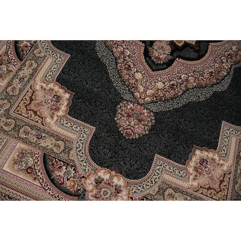Machine Made Oriental 90% Silk - 10% Polyester Carpet Traditional Medallion Navy Blue & Blues Qum Area Rug - 9' 10'' X 6' 6''