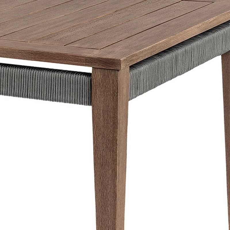 Kimi 65 Inch Outdoor Dining Table, Brown Eucalyptus Wood, Woven Rope Apron