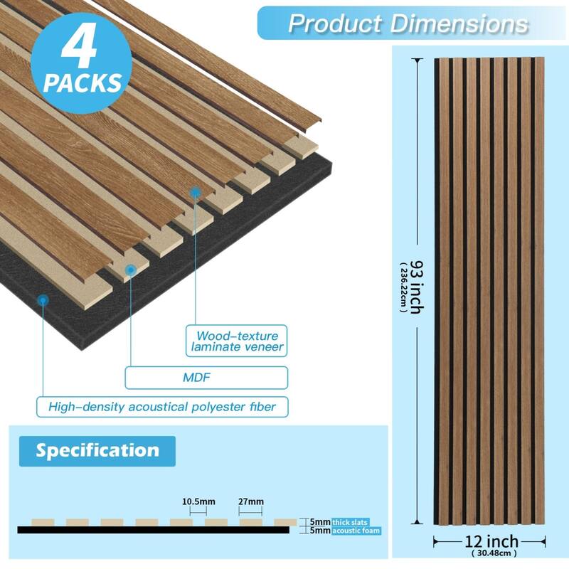 4 Panels 93"x12" MDF Slat 3D Wall Paneling Cover 31 Sq.Ft. - N/A