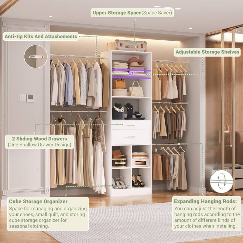 66''-100'' Walk-in Closet Organizer with 5 Hanging Rods and 2 Wooden Drawers，4-8FT Sturdy Closet System with Storage Shelves