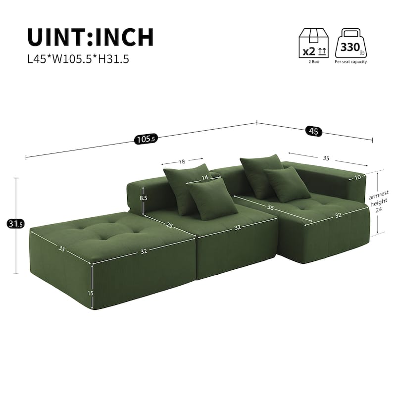 105.5'' Modular L-Shaped 3-Seat Sectional Sofa with Corduroy Upholstery, Tufted Design, and 4 Pillows, No Assembly Required