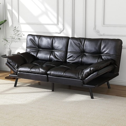 Modern Faux Leather Futon with Memory Foam and Adjustable Armrests.