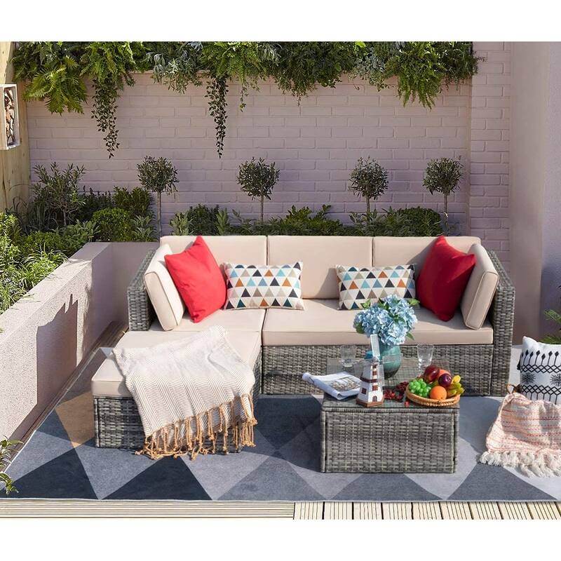 Homall 5 Pieces Patio Furniture Sets Outdoor Sectional Sofa Manual Weaving Rattan - Grey/Beige/Red
