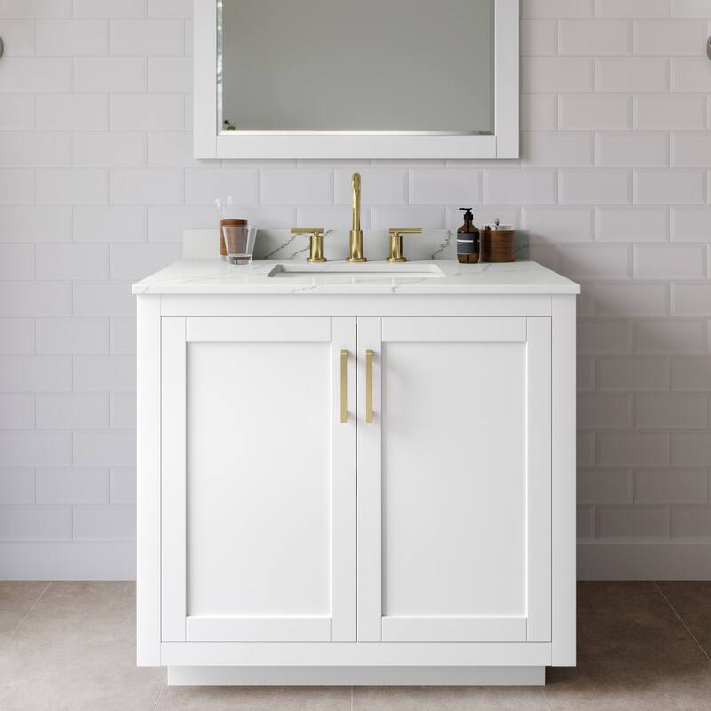 Wyndham Collection WCF292936S-QTZ-US3MXX Miranda 36" Free Standing - White / Giotto Quartz Top / Brushed Gold Hardware