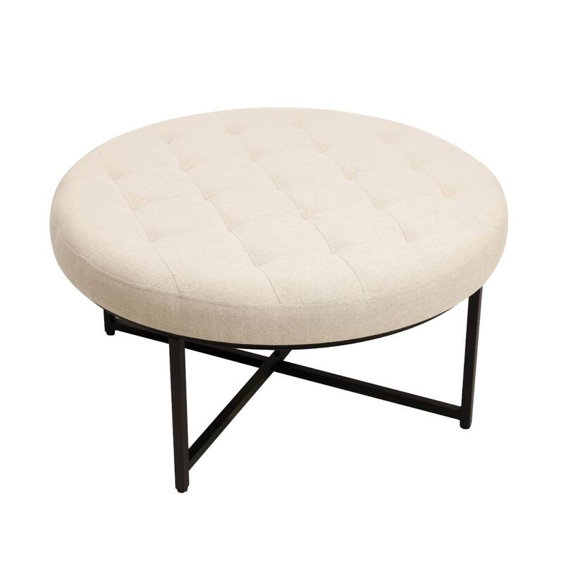 Round Cotton Linen Tufted Ottoman with Metal Frame