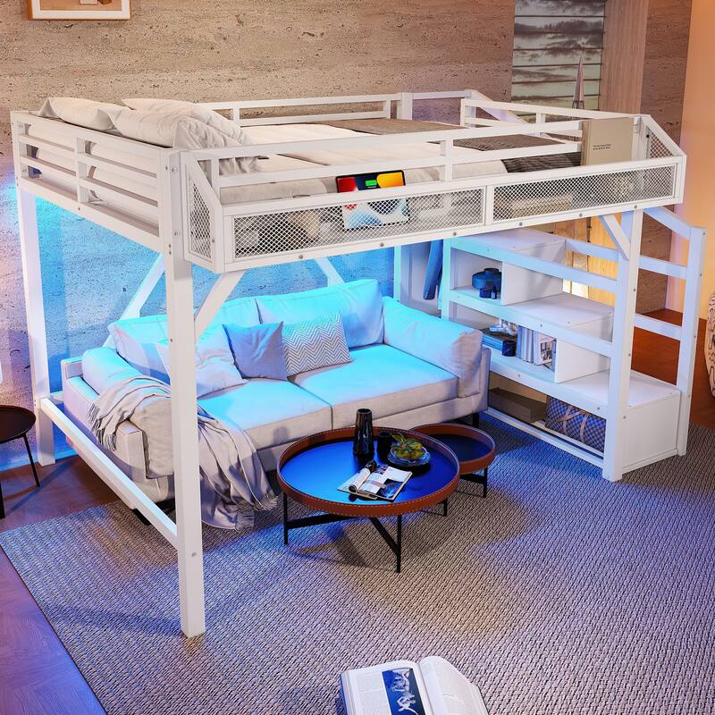 Roomfitters Metal Loft Bed with Wardrobe and Storage Stairs, LED Lights and USB