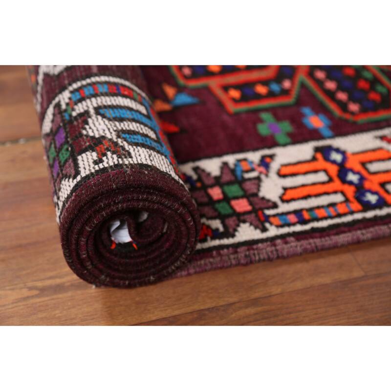 Wine Red Tribal Anatolian Turkish Runner Rug Hand-Knotted Wool Carpet - 3'7"x 14'1"